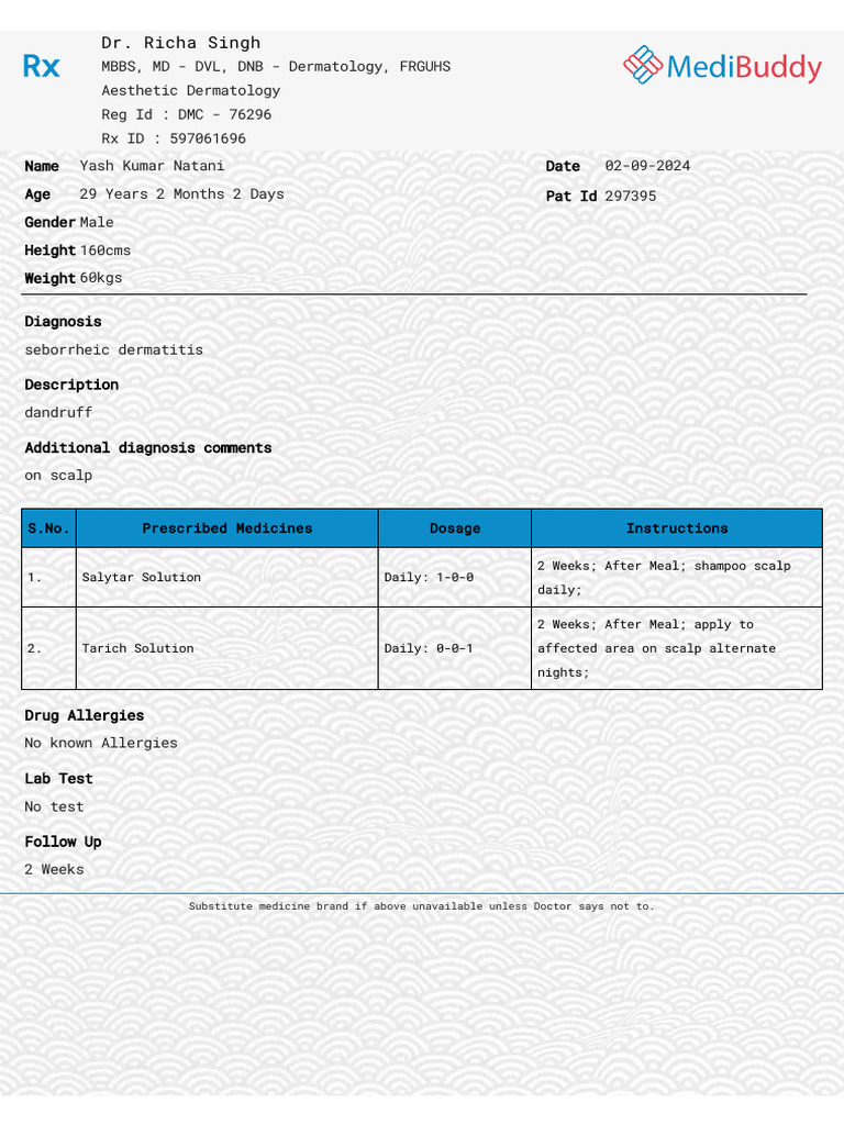 Dermatology Prescription for Yash Kumar | PDF