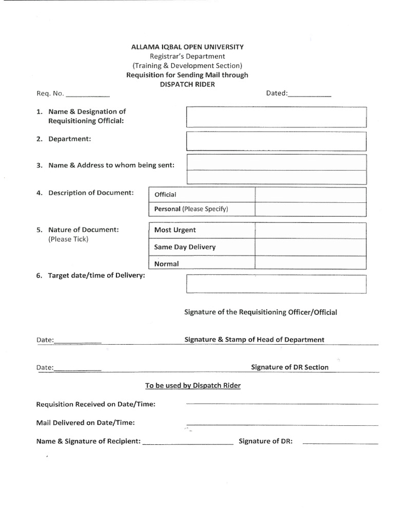 Requisition For Sending Mail Through Dispatch Rider Form | PDF