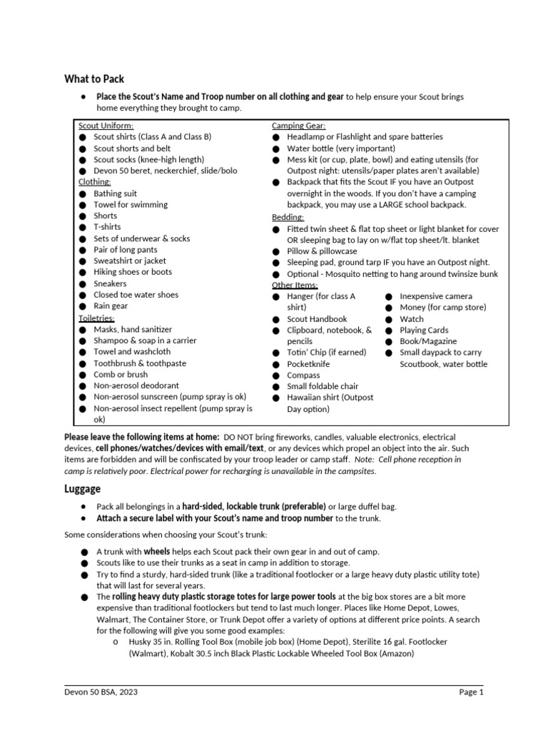 Scout Camp Packing List Guide | PDF | Wound
