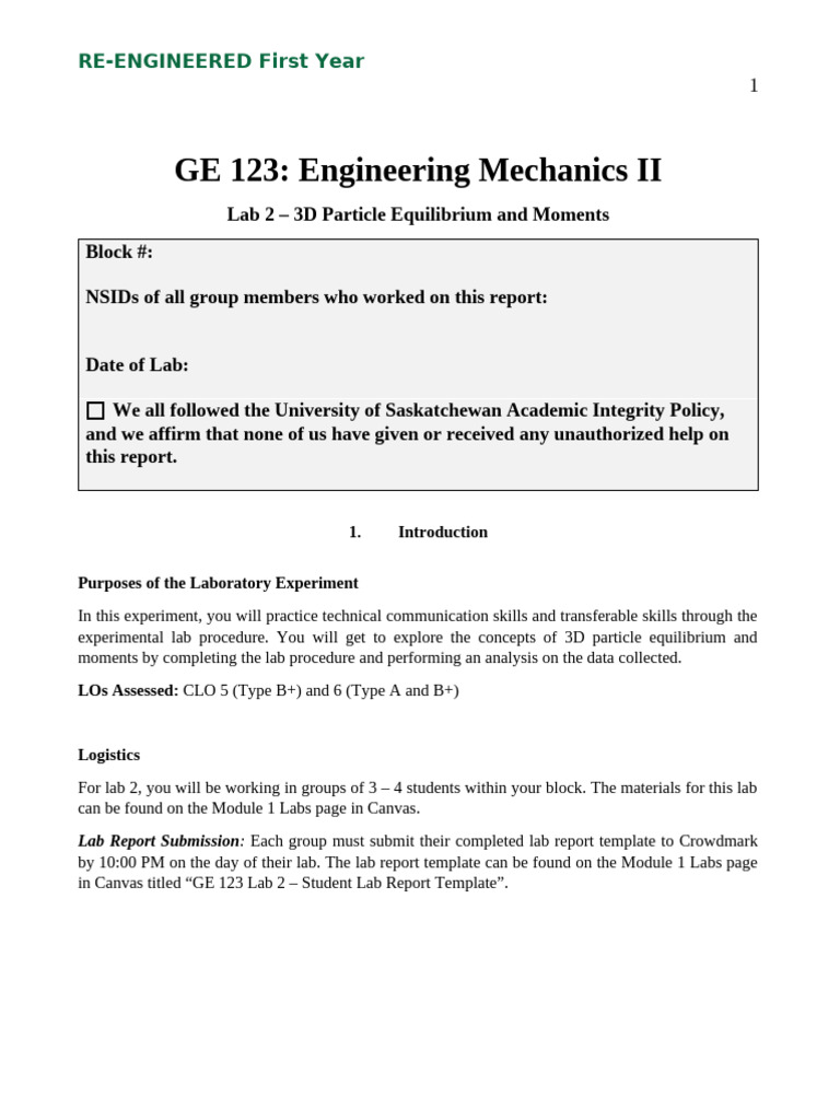GE 123 Lab 2 - Report Template | PDF | Force | Angle