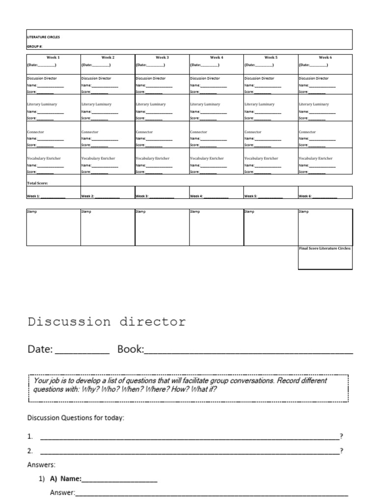Literature Circles Printable Worksheets