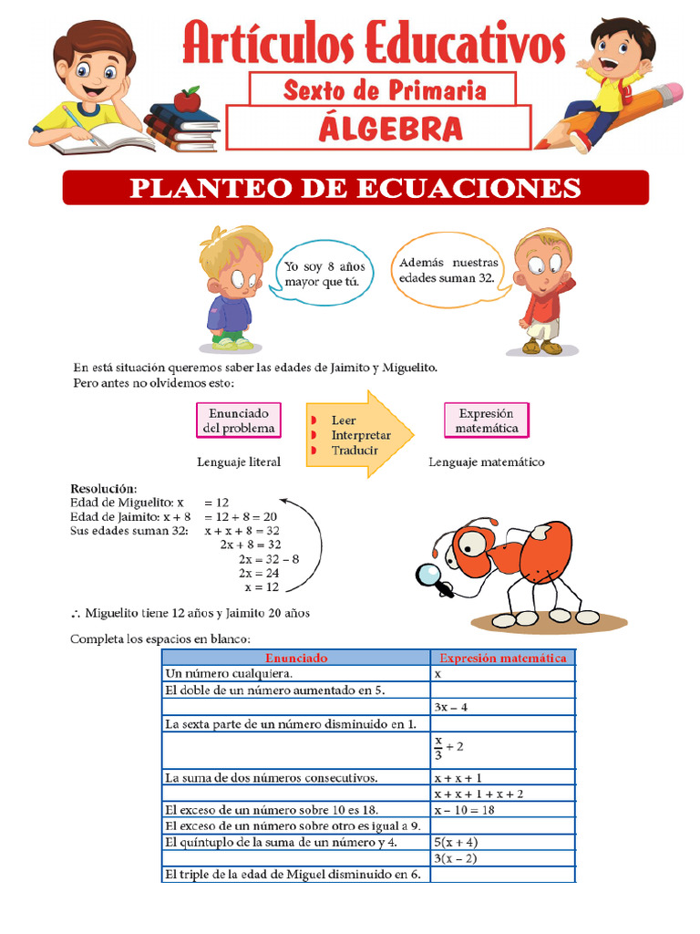 Planteo de Ecuaciones Para Sexto de Primaria | PDF