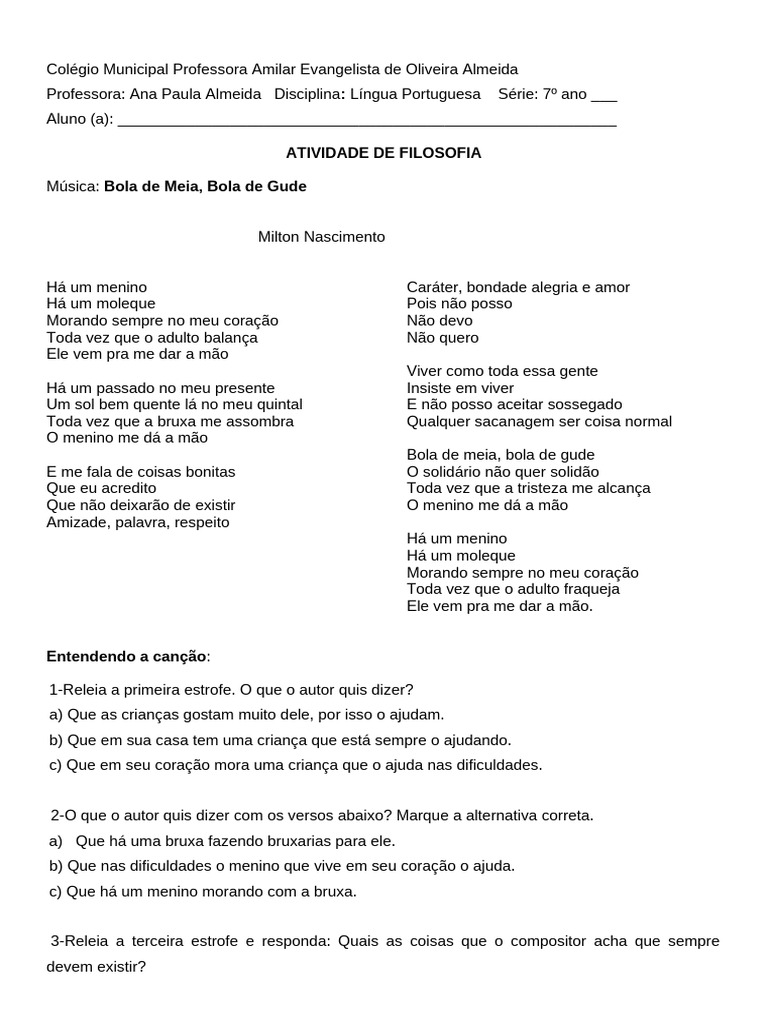 Análise da Música "Bola de Meia" | PDF | Artes Linguísticas e ...