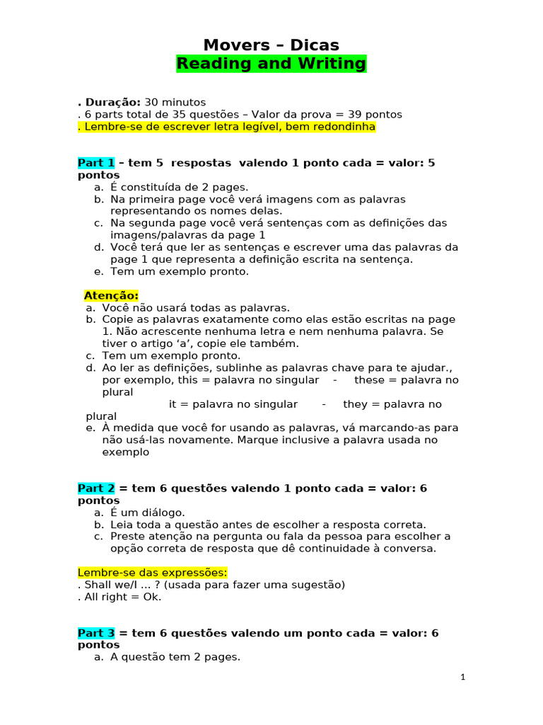 Dicas para Prova de Reading e Writing | PDF | Palavra | Famílias ...