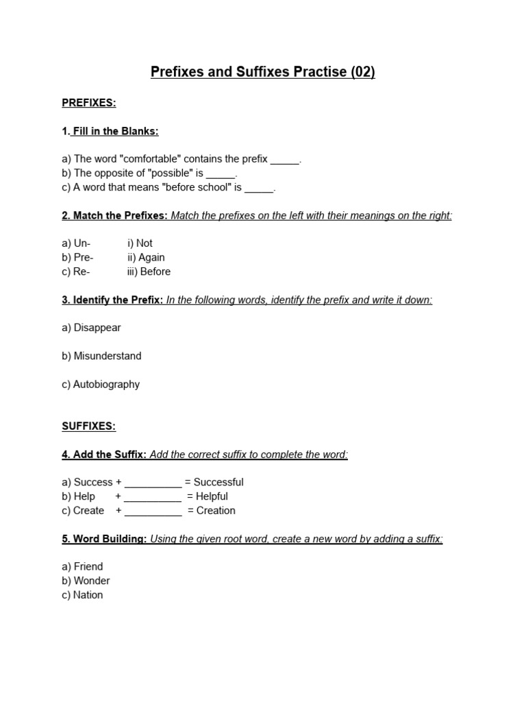 Prefixes and Suffixes Practice Guide | PDF