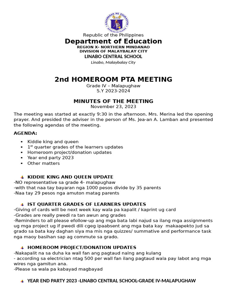 2nd homeroom pta meeting minutes pdf