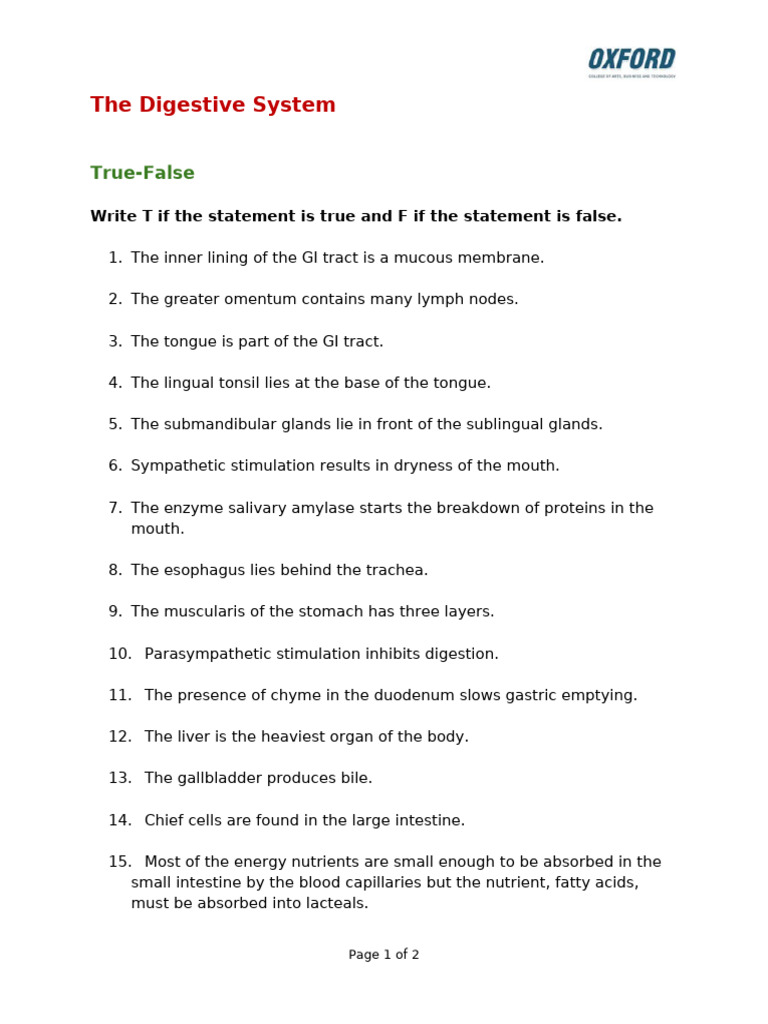 20 - Digestive System - Assignment | PDF | Wellness