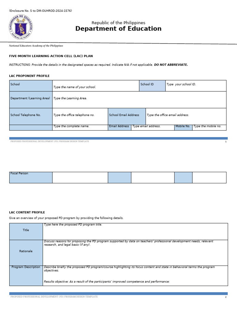 Five-Month LAC Plan Template | PDF | Learning | Expert