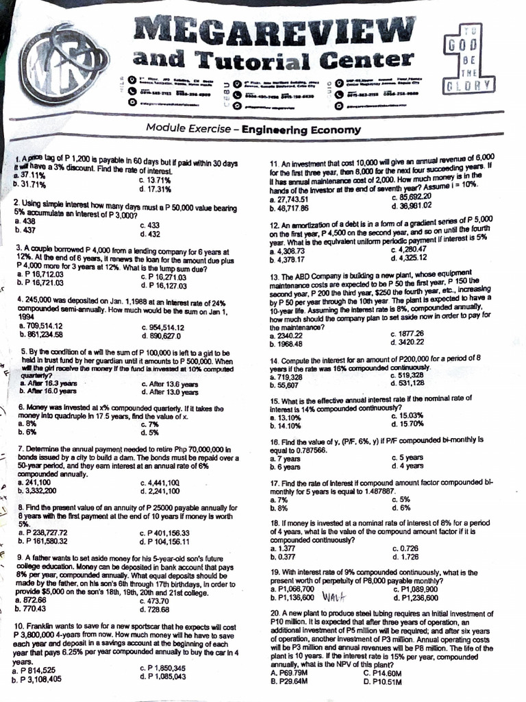 Engineering Economy Module Exercises | PDF | Depreciation | Financial ...