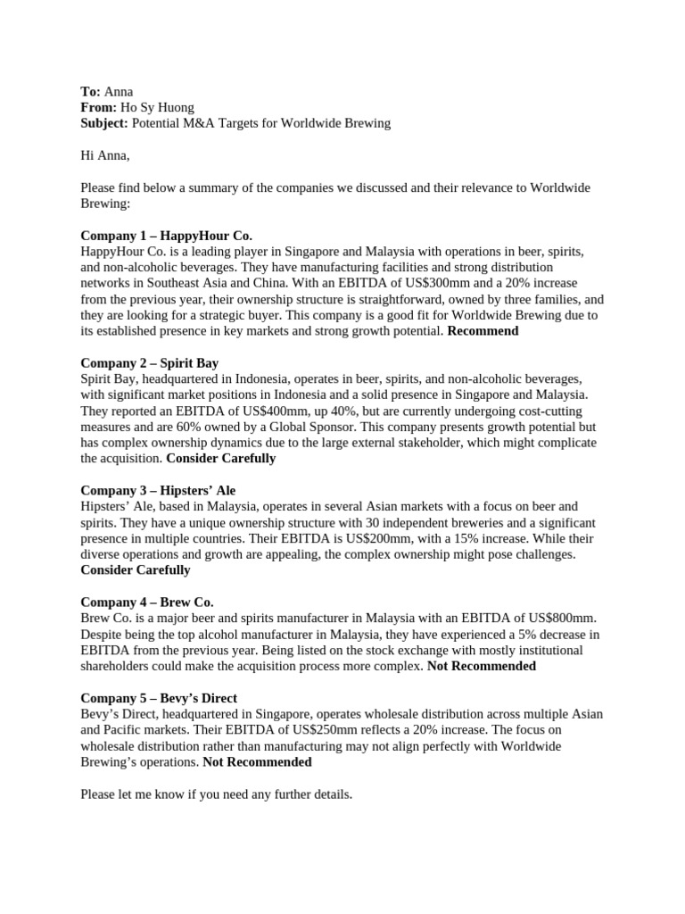 Potential M&A Targets For Worldwide Brewing | PDF