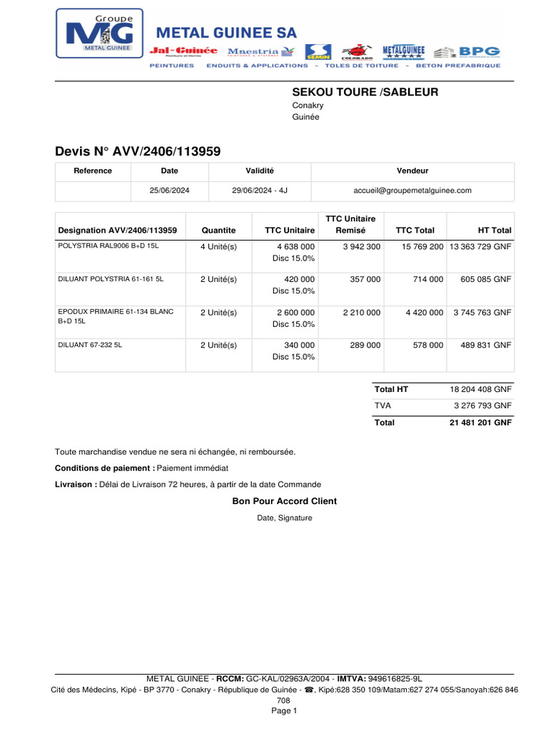Devis AVV/2406/113959 - Produits et Prix | PDF | Sodles | Business
