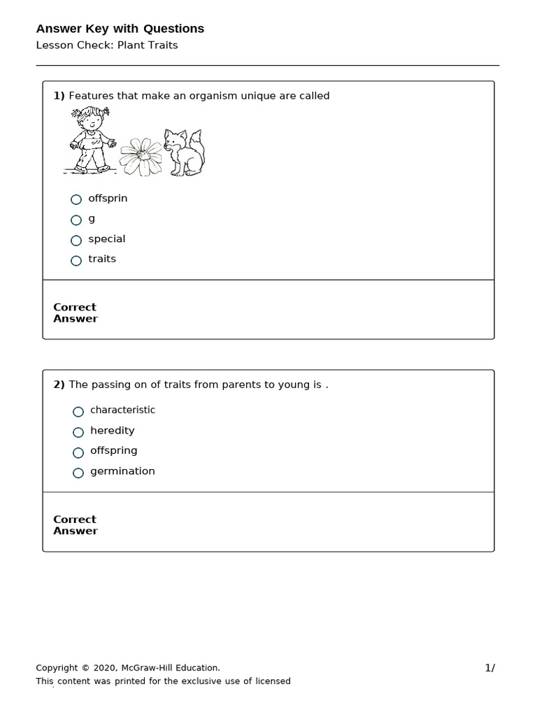 Lesson+Check+Answer+Key_Plant+Traits PDF Heredity Seed