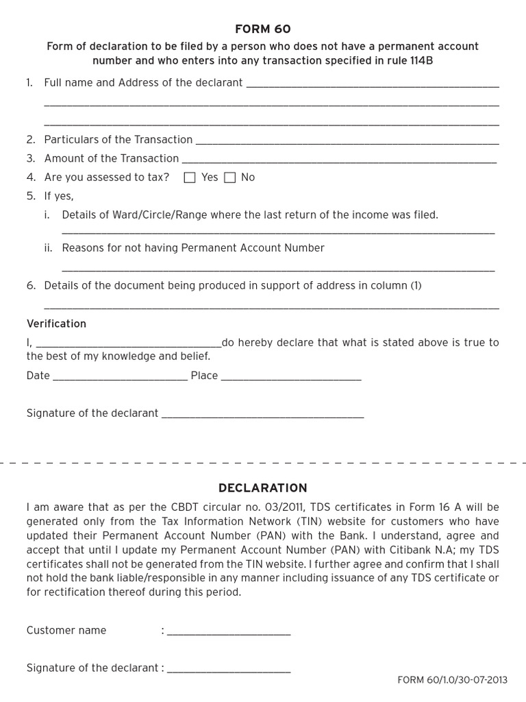 Form 60 Declaration for Banking Transactions | PDF