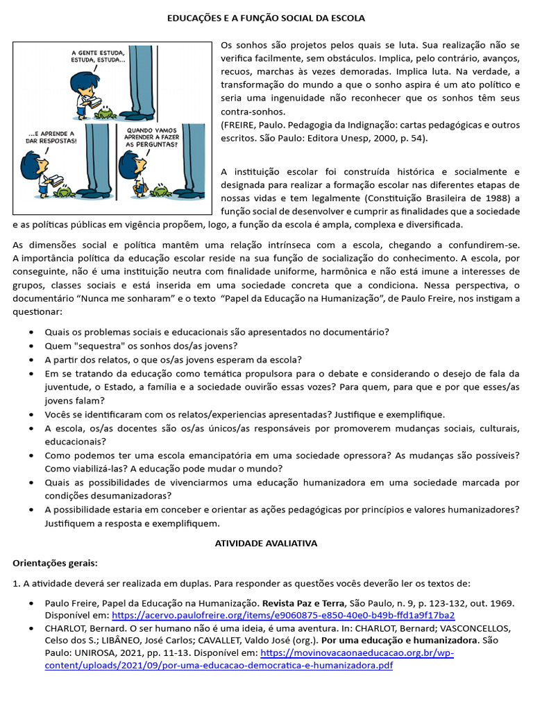 Função Social da Escola e Educação Humanizadora | PDF | Sociologia ...