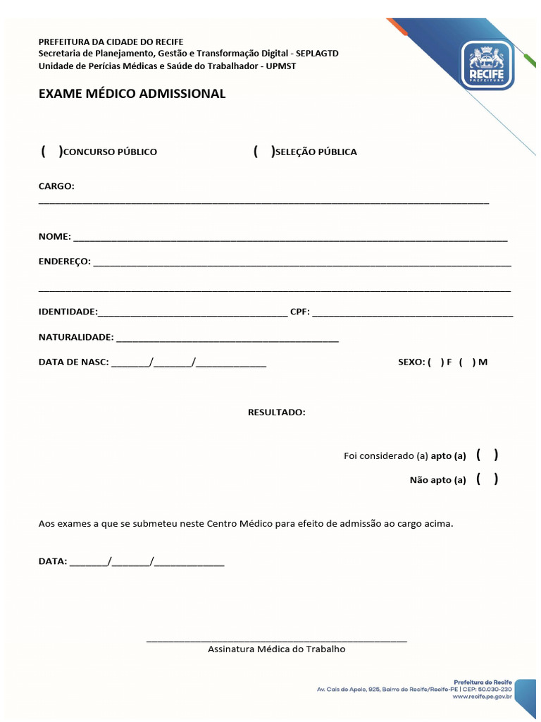 Exame Médico Admissional - UPMST | PDF