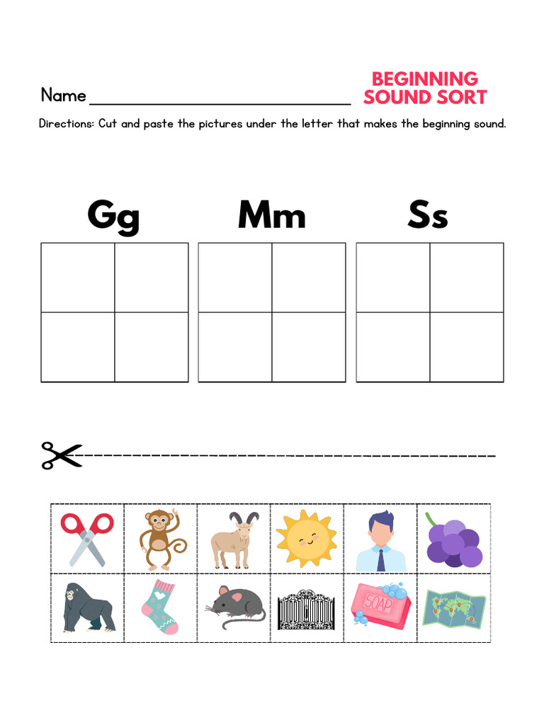 Colorful Cut and Paste Beginning Sounds Worksheet PDF