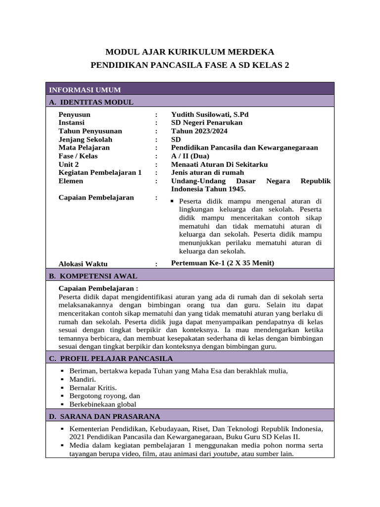 Modul Ajar Pancasila Kelas 2 SD | PDF | Karier & Perkembangan ...
