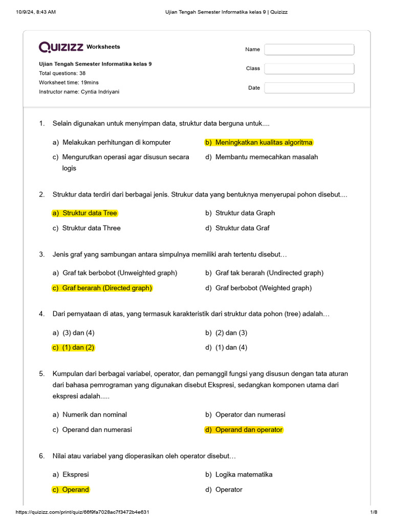 Ujian Tengah Semester Informatika Kelas 9 Quizizz Pdf