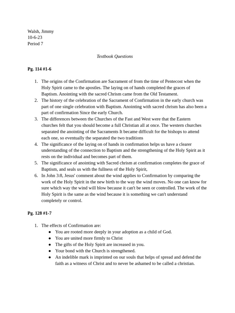 Theology Textbook Questions | PDF | Confirmation | Anointing