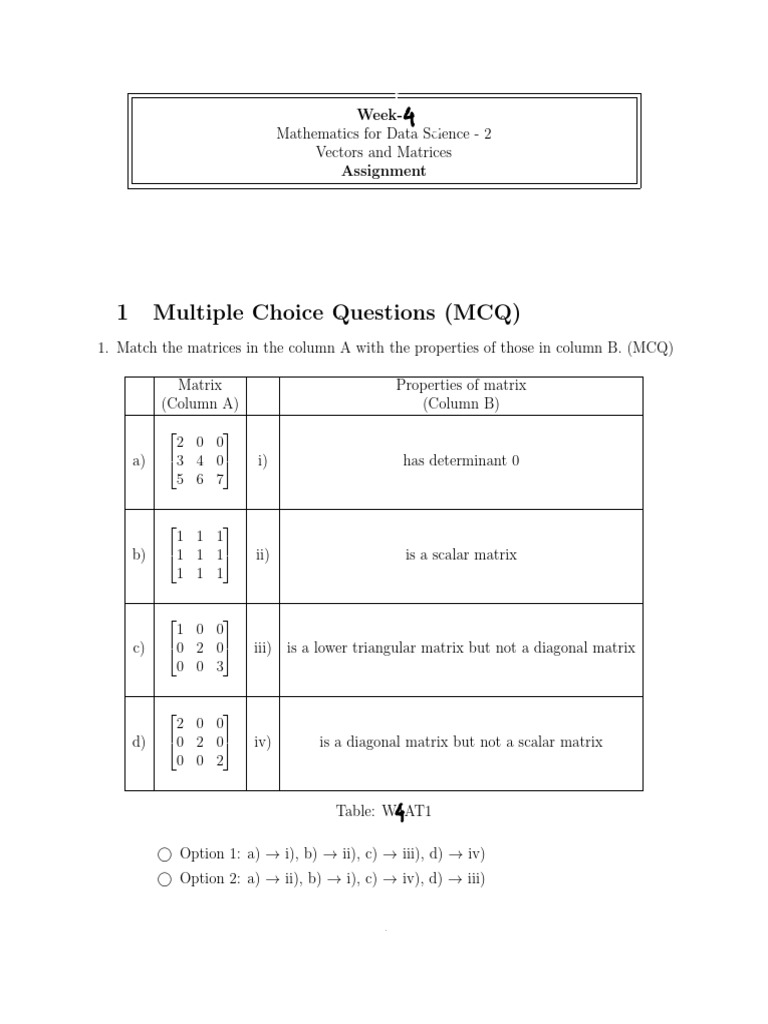 Vectors and Matrices Assignment | PDF | Matrix (Mathematics) | Operator ...