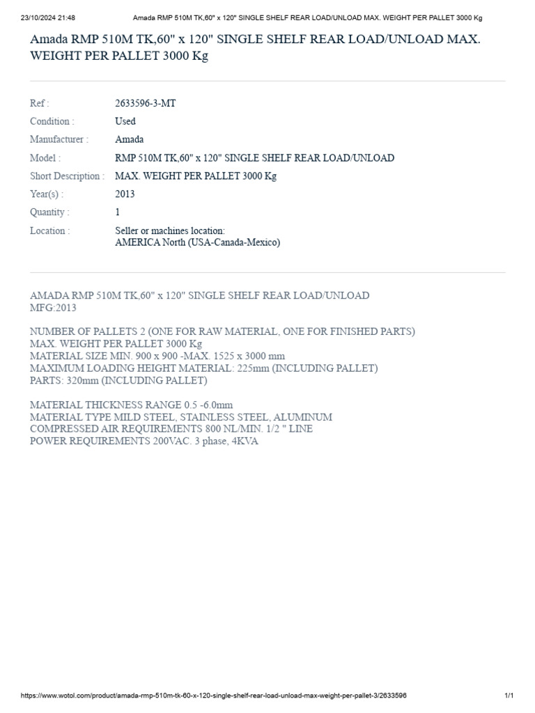 Amada RMP 510M TK, 60 - X 120 - SINGLE SHELF REAR LOAD - UNLOAD MAX ...
