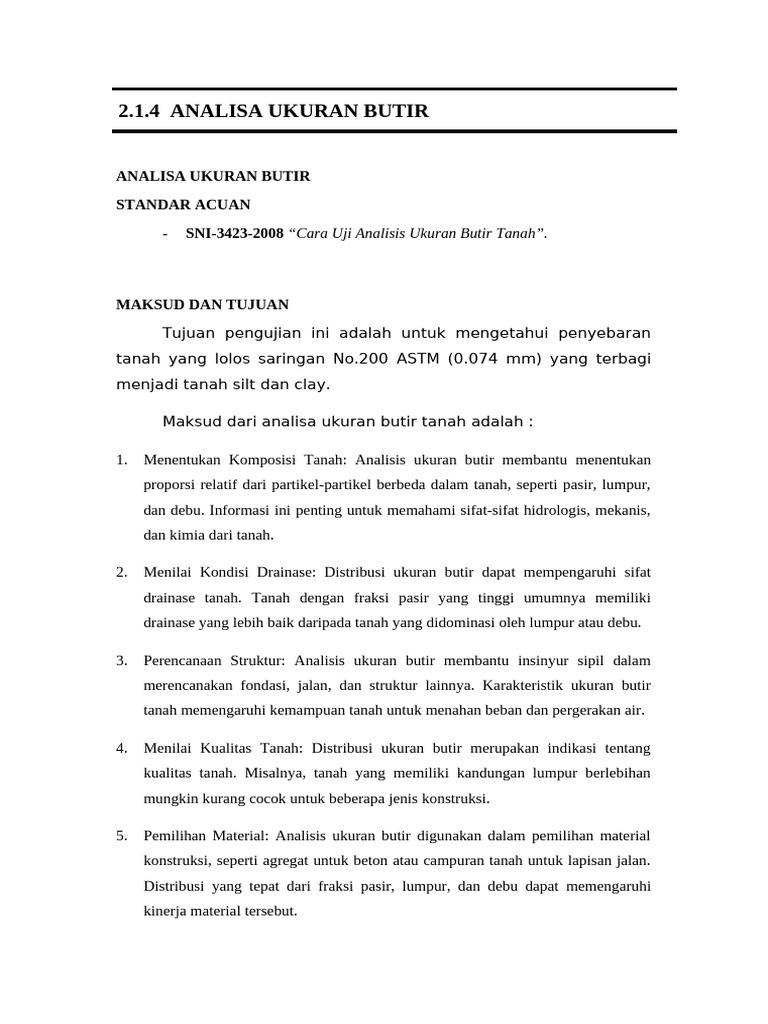 Analisa Ukuran Butir Tanah SNI-3423-2008 | PDF