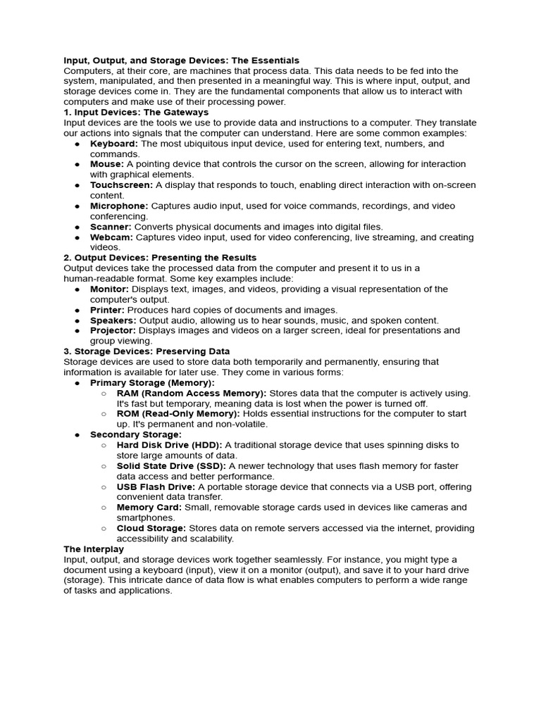 Input Output And Storage Devices Notes Pdf Computer Data Storage