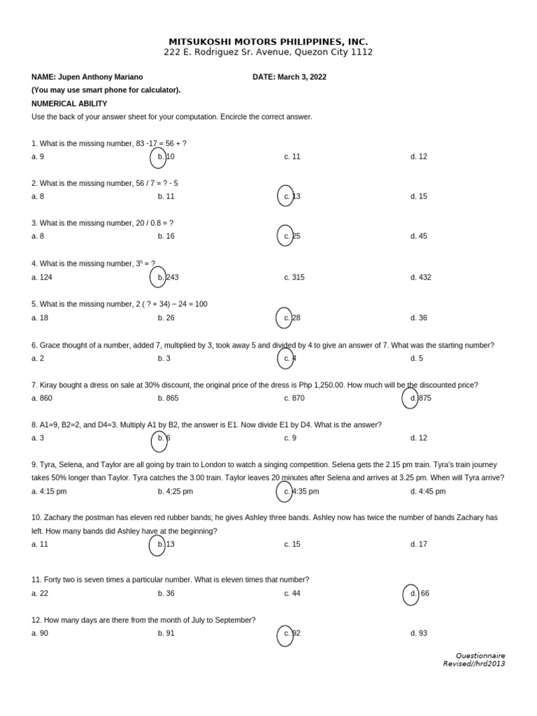 Numerical Ability Assessment Questions | PDF