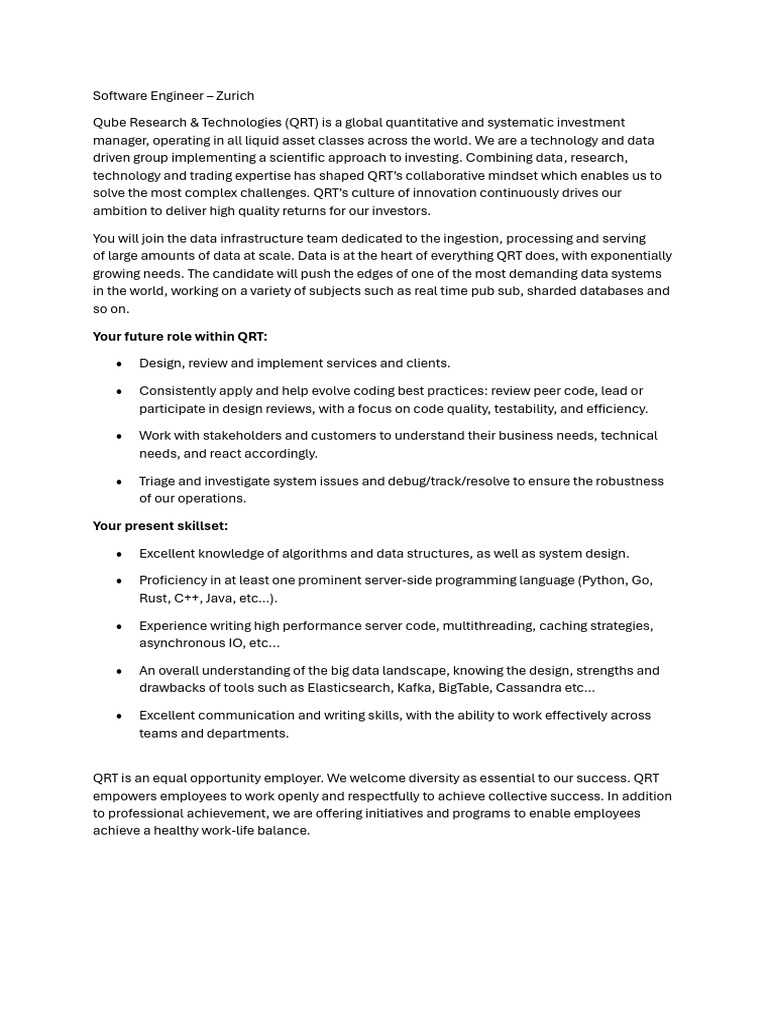 Software Engineer Role in Zurich | PDF