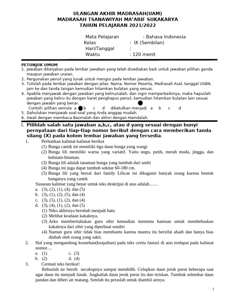 Ujian Bahasa Indonesia Kelas IX | PDF