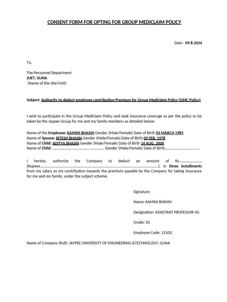 Consent Form For Opting For GMC - (2024-2025) (KB) | PDF