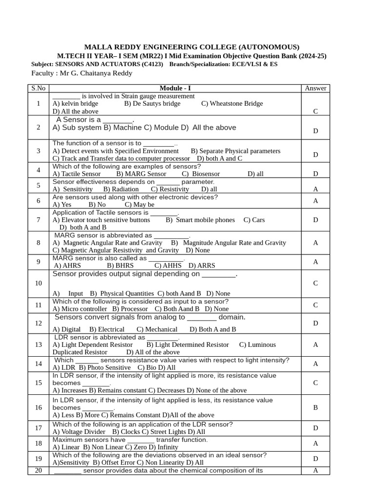 M.Tech Sensors and Actuators Question Bank | PDF | Sensor | Electrical ...