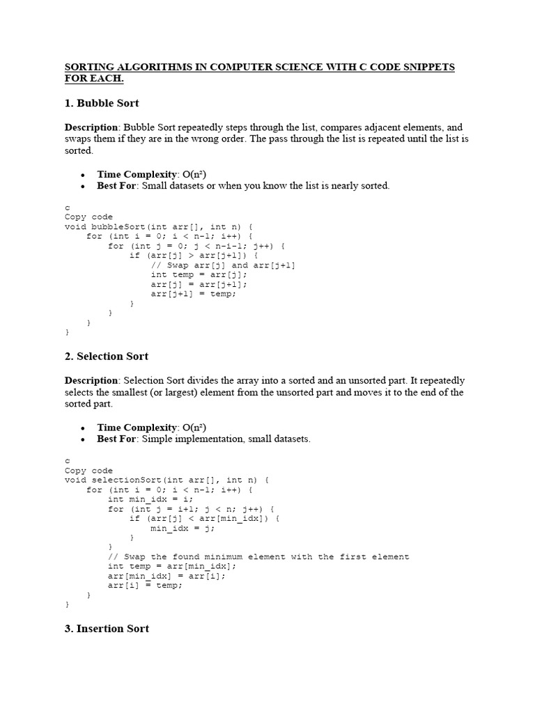 Sorting Algorithms in Computer Science With C Code Snippets For Each ...