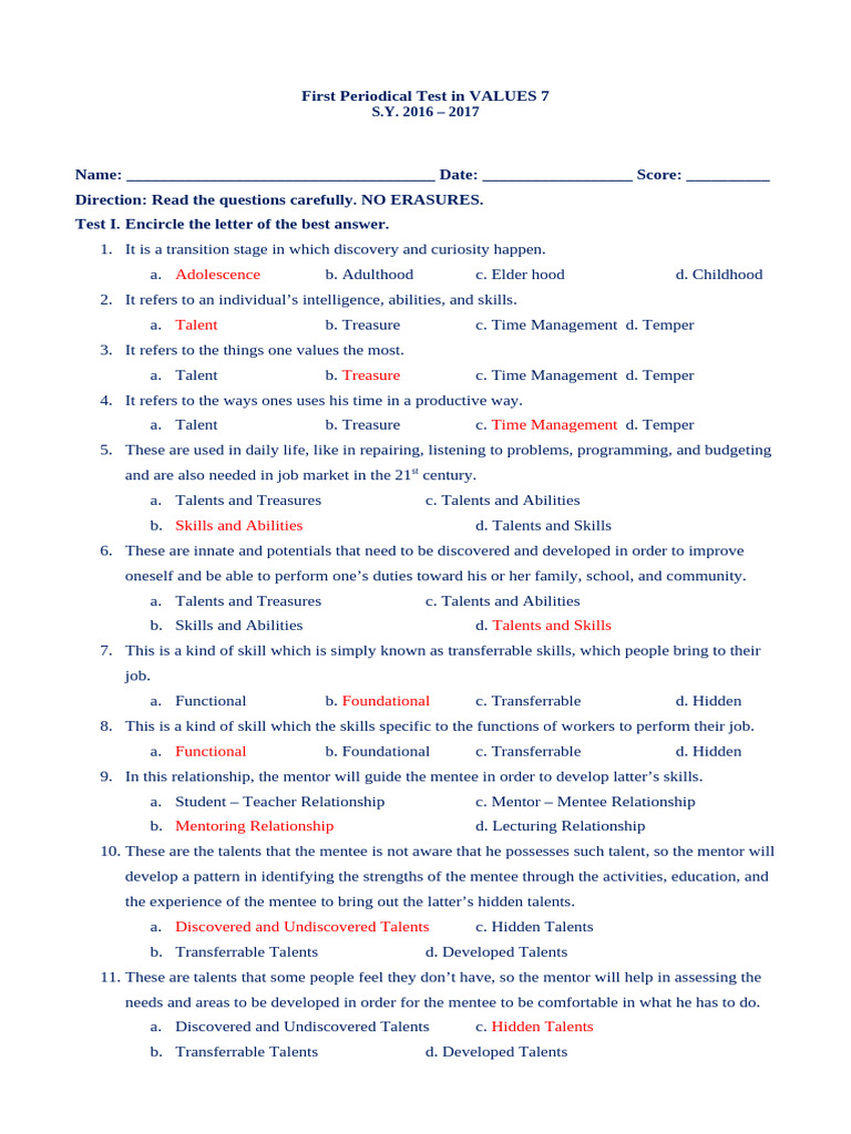 VALUES 7 First Periodical Test Guide | PDF | Conscience | Mentorship