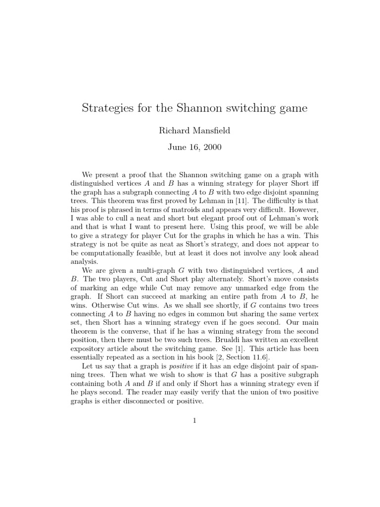 Strategies For The Shannon Switching Game Pdf Vertex Graph Theory