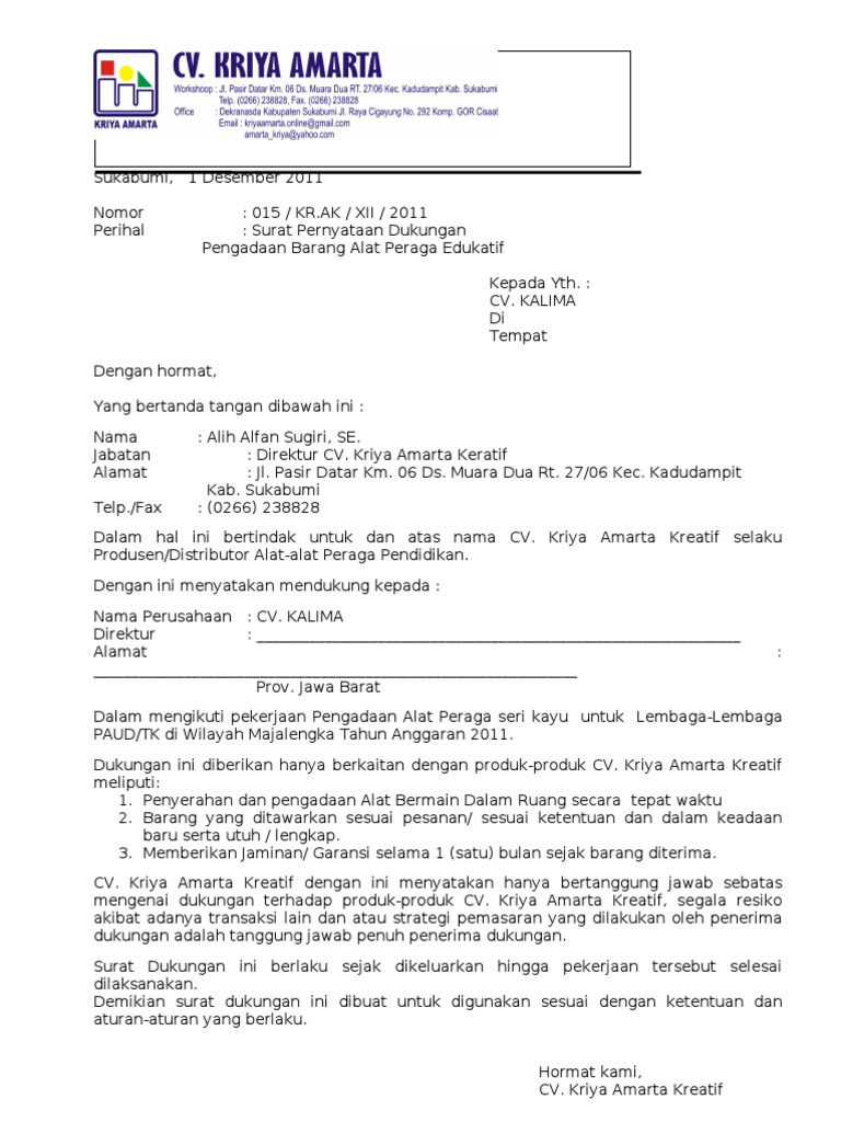 Contoh Surat Dukungan Pabrikan Contoh Surat
