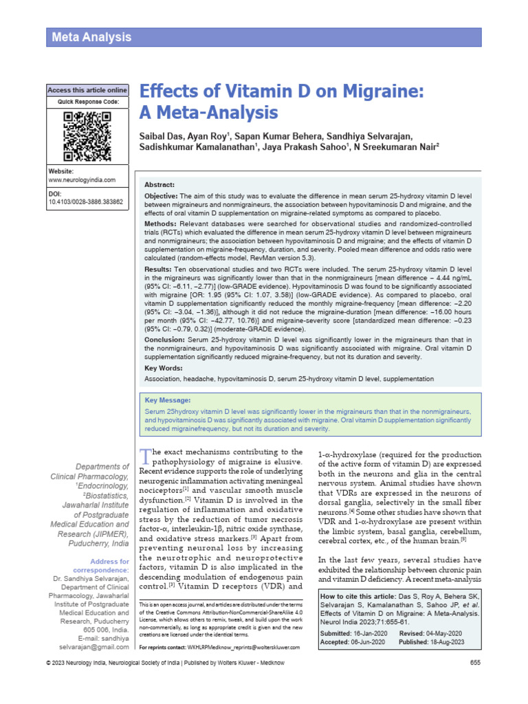 Effects of Vitamin D On Migraine A Meta Analysis.4 | PDF | Vitamin D ...