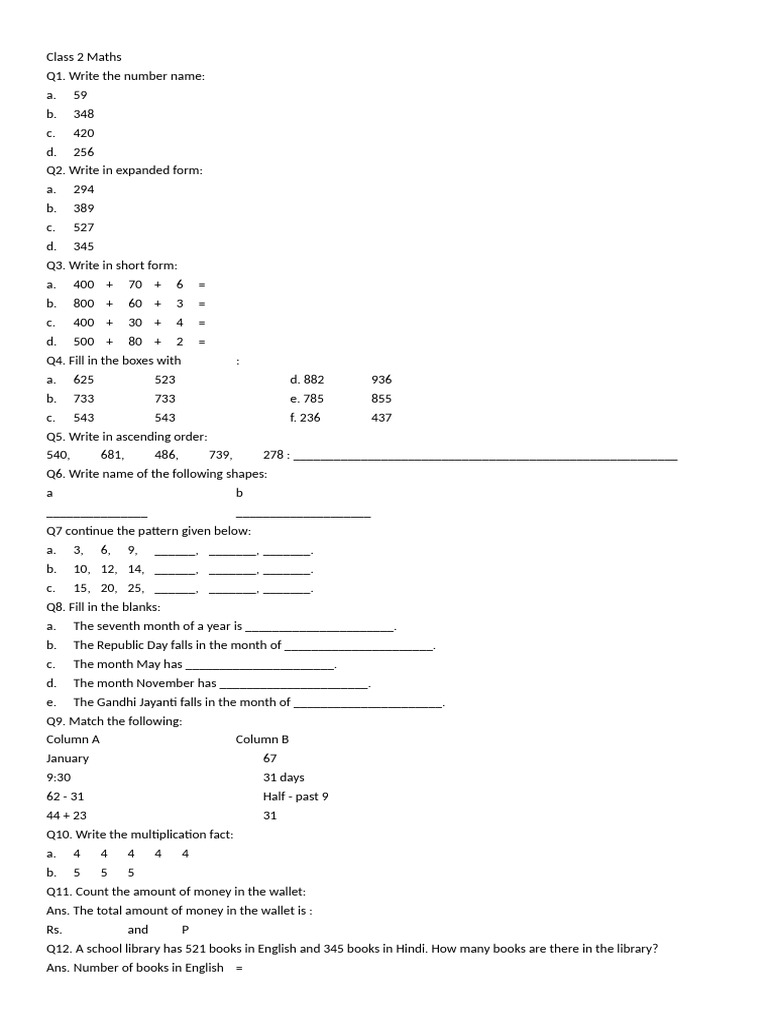 Class 2 Maths Practice Questions | PDF | Teaching Methods & Materials