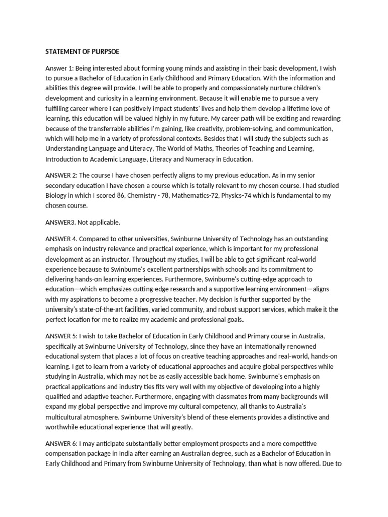 Australian Sop | PDF | Teachers | Academic Degree