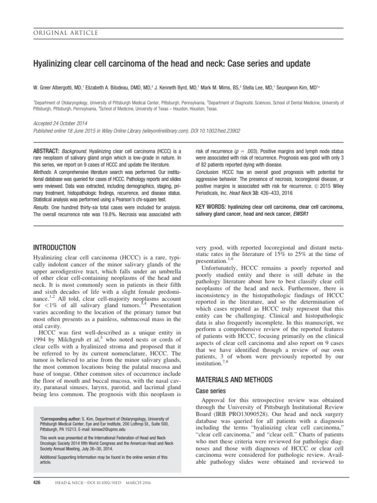 Hyalinizing Clear Cell Carcinoma of The Head and Neck Case Series and ...