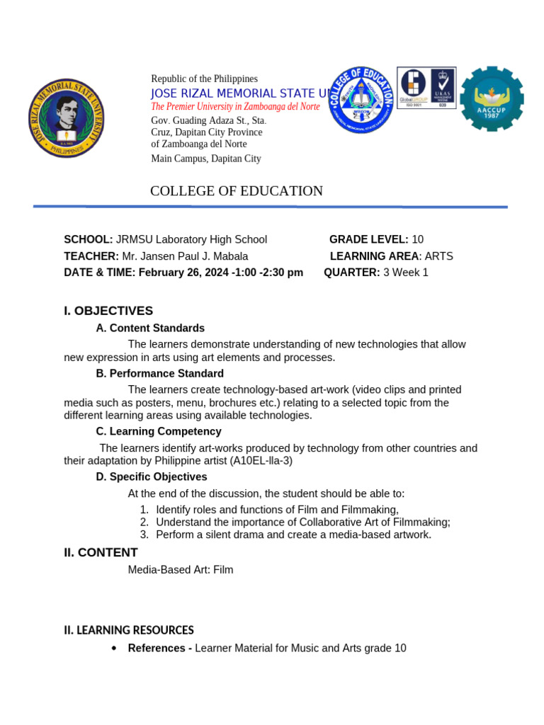 Lp Arts 9 1 Pdf Filmmaking Learning