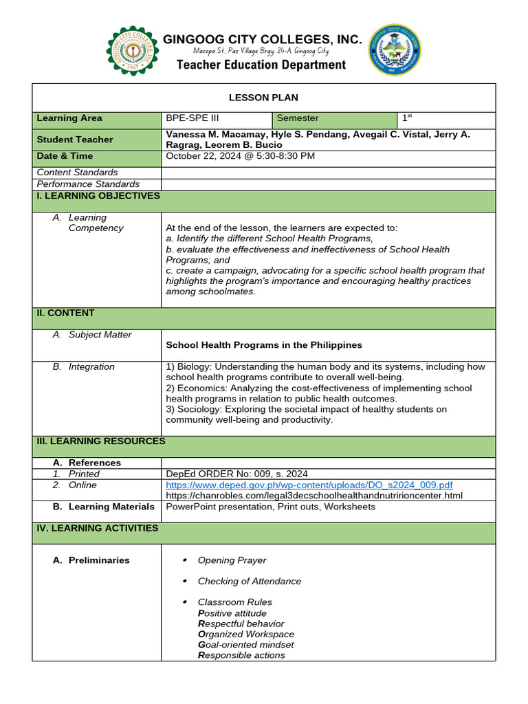 School Health Programs Lesson Plan | PDF | Learning | Rubric (Academic)