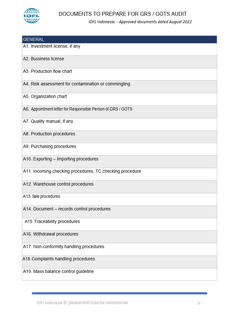 GRS/GOTS Audit Document Checklist | PDF | Occupational Safety And ...