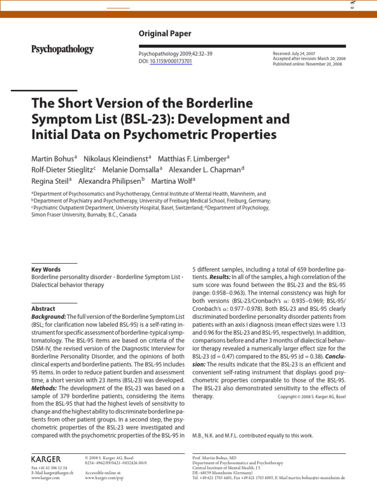 BSL-23: Psychometric Properties and Use | PDF | Borderline Personality ...