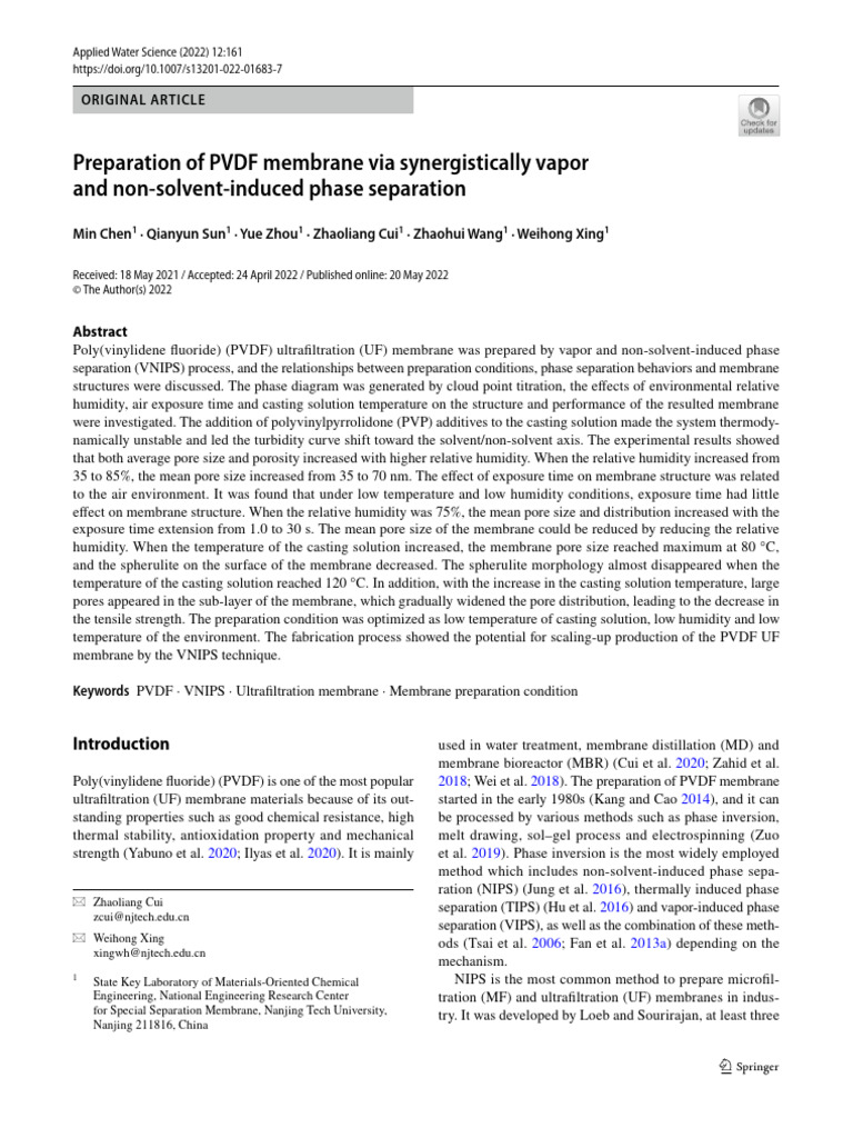 Preparation of PVDF Membrane Via Synergistically VNIP s13201-022-01683 ...