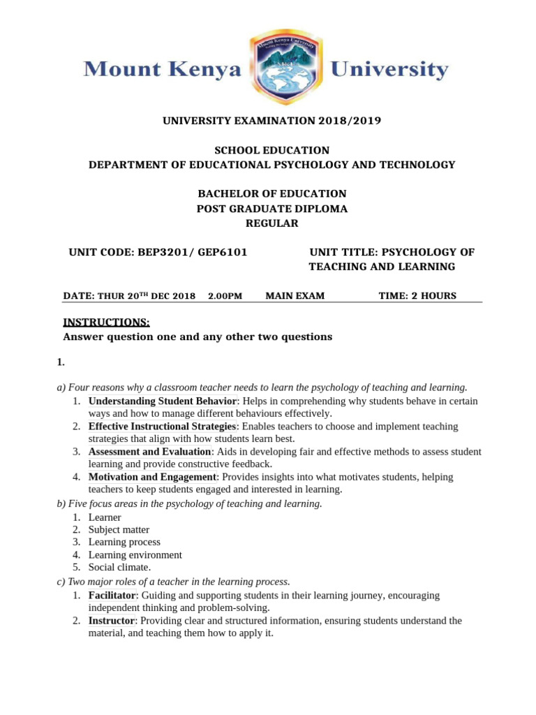 Psychology of Teaching and Learning Exam | PDF | Learning | Teachers