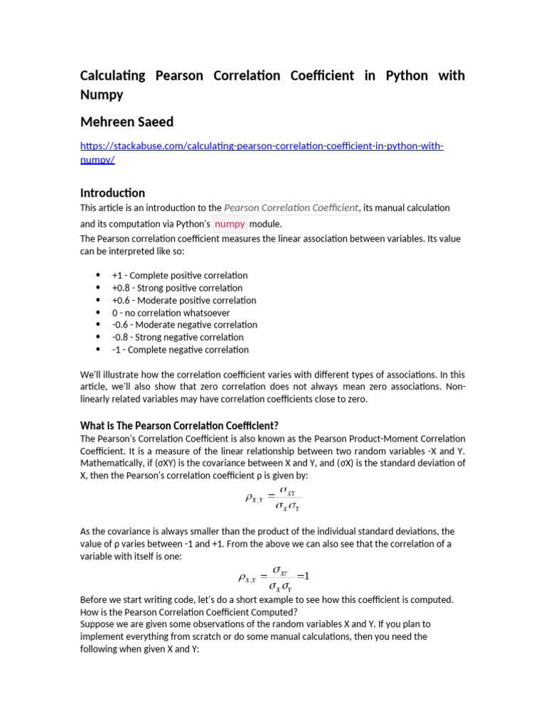 Calculating Pearson Correlation Coefficient in Python With Numpy | PDF ...