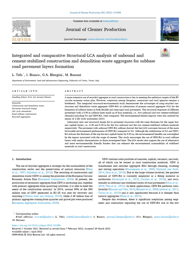 1 s2.0 S0959652622012161 Main | PDF | Road Surface | Construction Aggregate