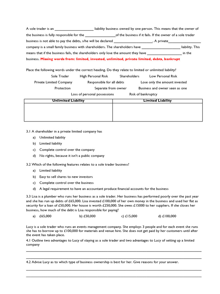 Limited and Unlimited Liability Activity | PDF | Limited Liability ...