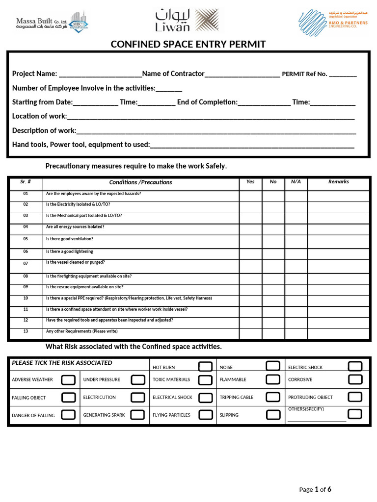 Confined Space Entry Permit Template | PDF | Safety | Occupational ...
